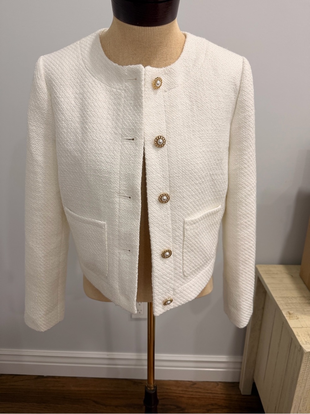 J. Crew Cream Textured Collarless Jacket with Gold Buttons